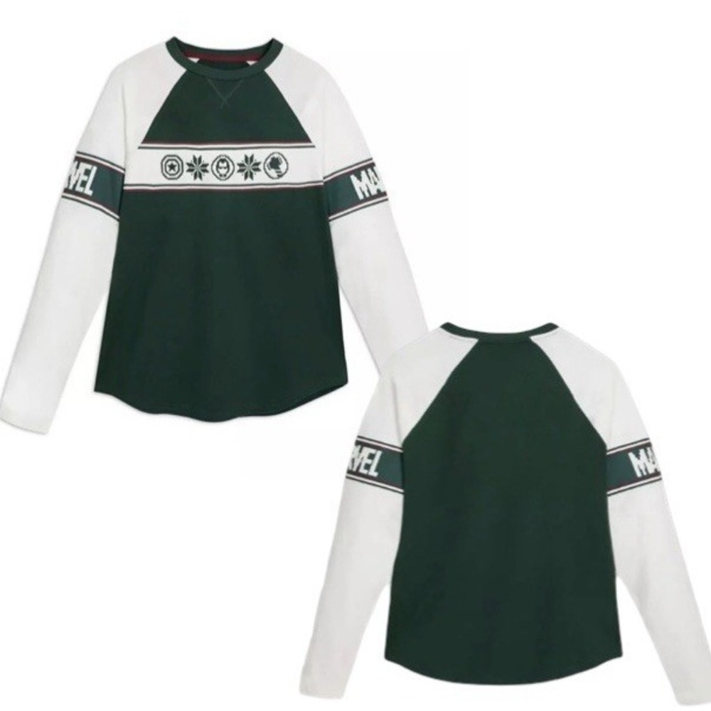 Disney Marvel Holiday Raglan Long Sleeve Tee Shirt Sz XL Green White Comic Book